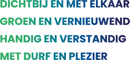Kernwaarden Groninger Huis; (1) dichtbij en met elkaar, (2) groen en vernieuwend, (3) handig en verstandig en (4) met durf en plezier