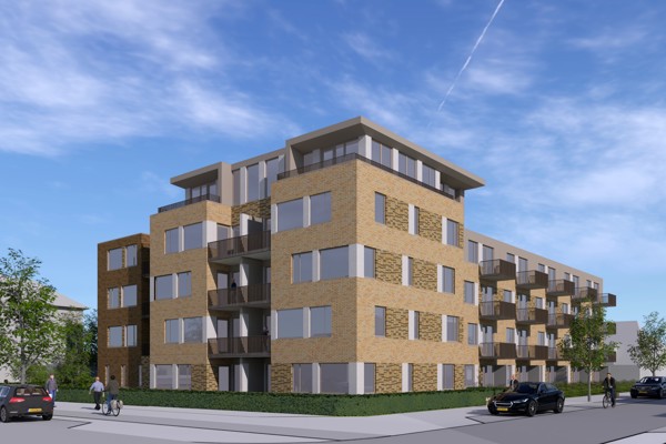 Artistieke impressie van het vijflaagse appartementencomplex met balkons en zonnepanelen.