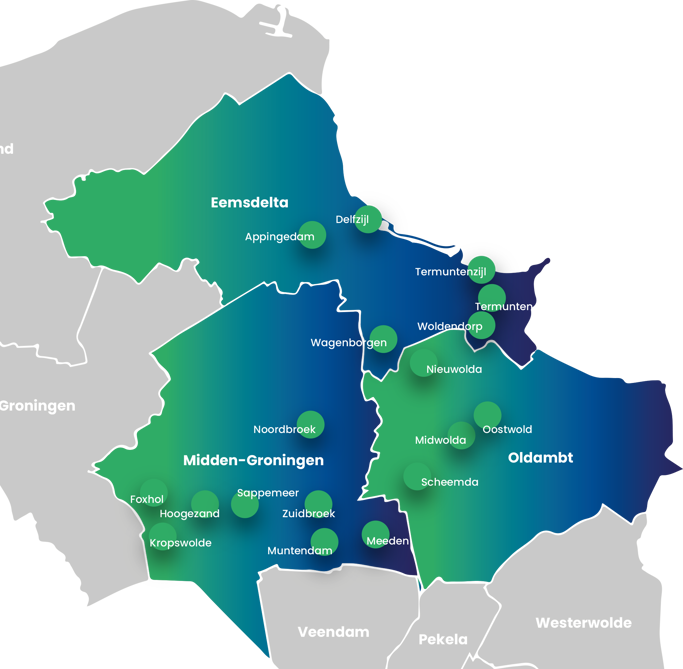 Kaart werkgebied Groninger Huis (gemeenten Eemsdelta, Oldambt en Midden-Groningen)